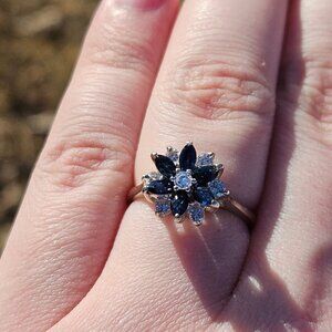 14K White Gold Marquise Sapphire & Diamond Flower Floral Cocktail Ring Size 6